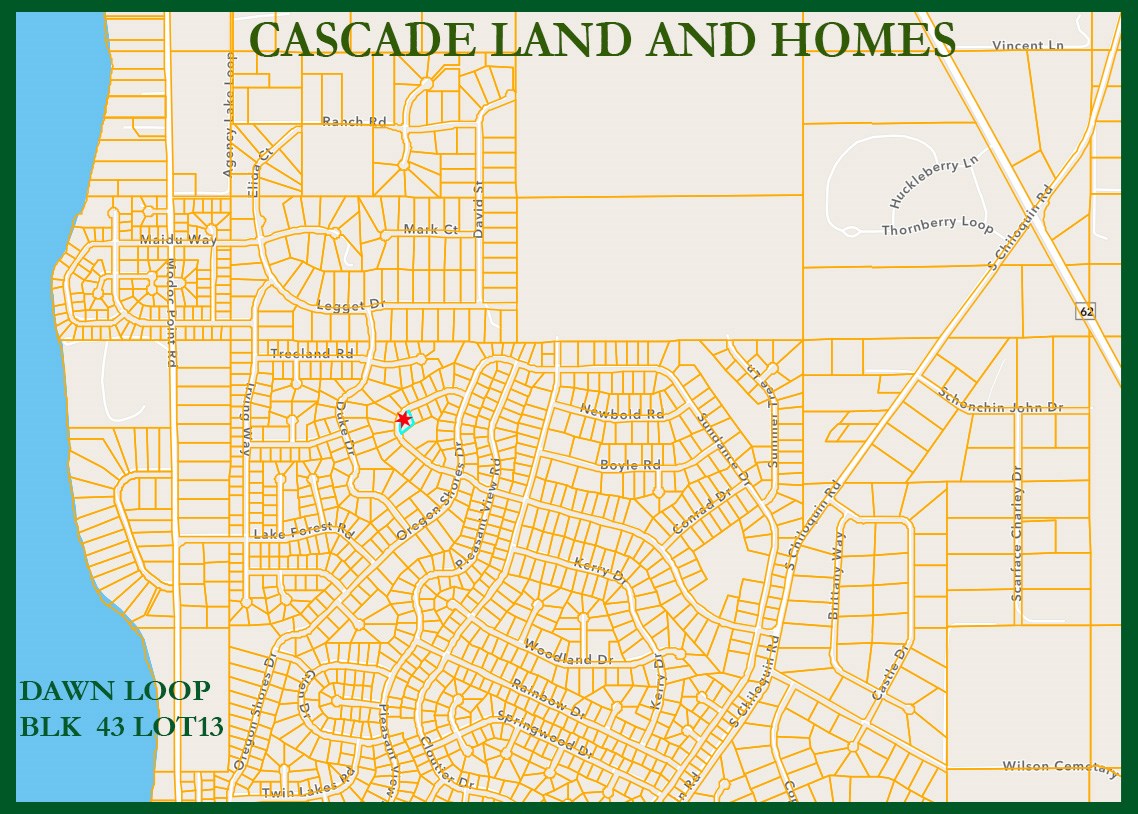 parcel map showing the location of the property in relation to the subdivision and agency lake. it also has quick access to the highway for an easy commute to nearby klamath falls!