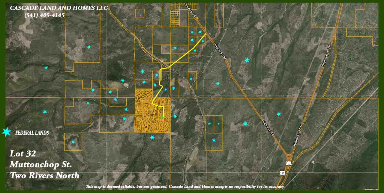 this map shows the location of the property within the subdivision and from hwy 20. the properties that have stars on them are federal lands, they completely surround the subdivision!