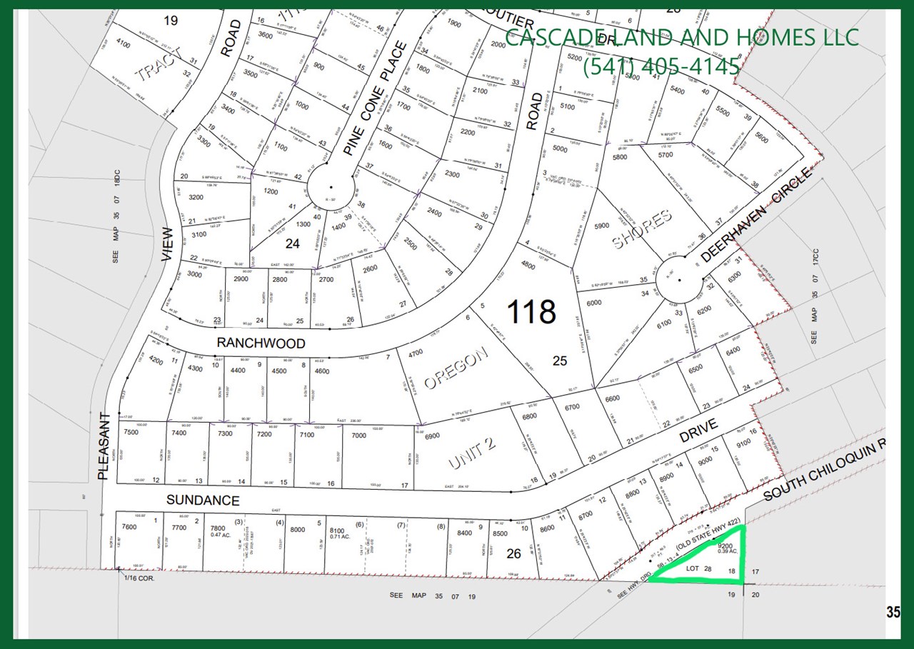 parcel map of the property outlined in green showing the roads surrounding the property.