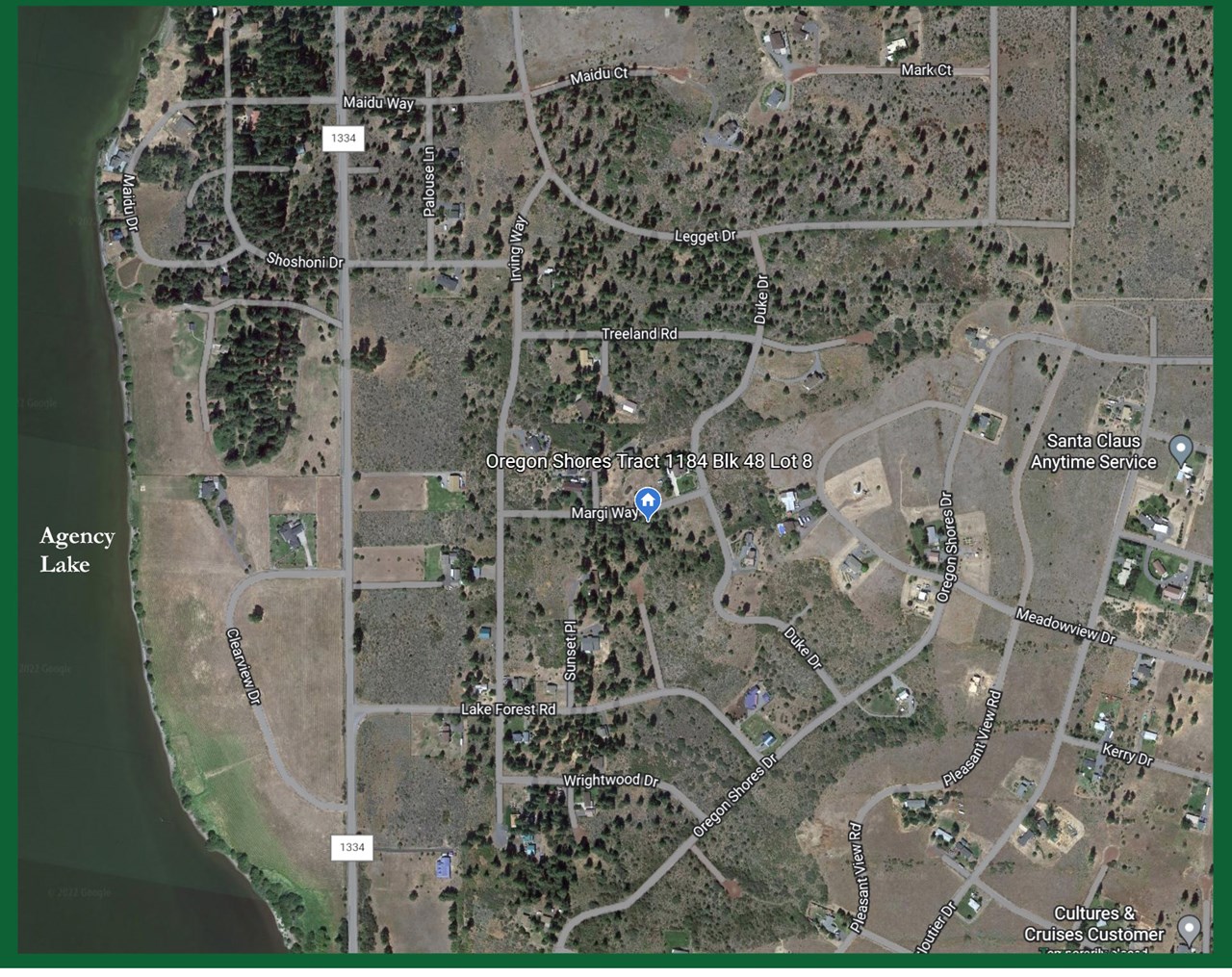 google earth view showing the streets and homes in the neighborhood. it's just a short 10 minute drive to chiloquin from here where they have several shops to get supplies, and a volunteer fire and ambulance service. klamath falls is about 30 minutes away for larger city amenities.