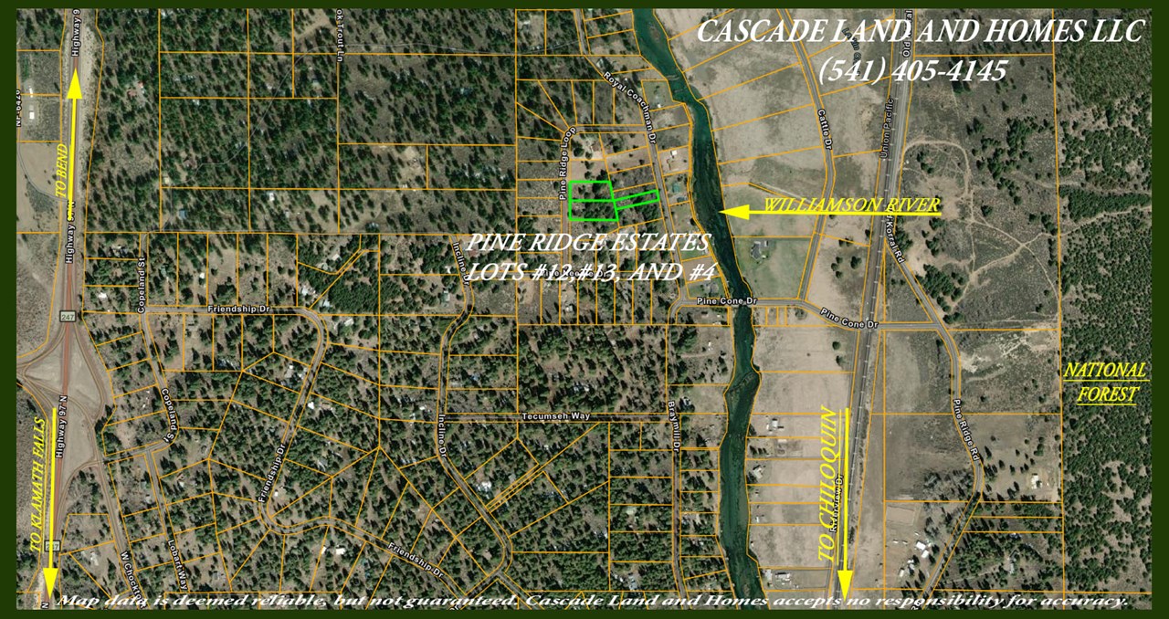 this map shows the layout of the parcels within the subdivision, and their proximity to the williamson river. there is also a small public airport just outside of town.