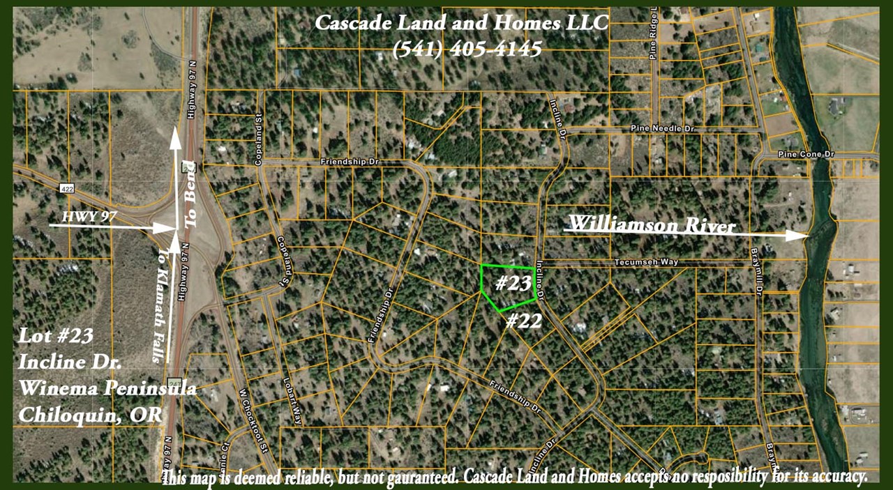this map shows the property and its proximity to the williamson river and hwy 97. you can also see the surrounding terrain and homes. the roads to the property are paved, and within the subdivision they are well-maintained compacted gravel. we had no trouble at all with access.