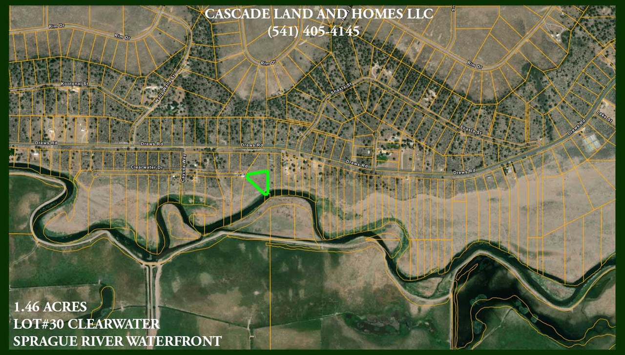 this parcel map shows the location of the property in relation to the sprague river and the surrounding parcels within the subdivision. many of the parcels have not been built on yet, this is a unique opportunity to purchase a waterfront property!

parcel map is deemed reliable from klamath county, but accuracy is not guaranteed.