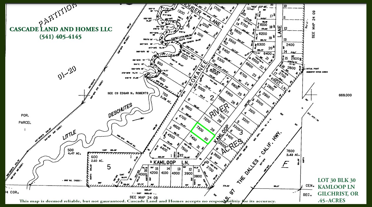 this is a parcel map showing the shape of the property and its location within the subdivision. roberts river acres is a small subdivision set between the little deschutes river and hwy 97.