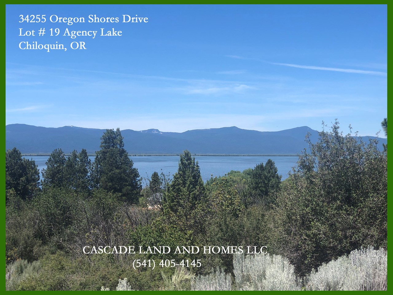 looking west at the snow-capped cascade mountains that surround agency lake! this photo was taken from the road in front of the property! the land slopes upward from the road. imagine looking out from your deck at this spectacular view!