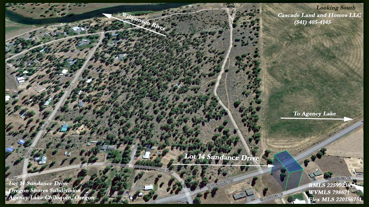 this is a google earth photo looking south, with the property elevated to give you an idea of the property size and its proximity to not only agency lake, but also the williamson river!