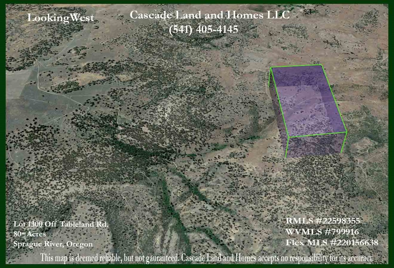 this is a google earth elevated view of the property looking westward. the property is fairly remote. the nearest town is sprague river, oregon which is just over 8 miles away. if you were to build here, you would need to check with klamath county on use permits and requirements. it is currently zoned fr. the property would need a well and septic and an alternative power source, grid-power is extremely far away and would likely not be a feasible. the area receives around 300 days of sunshine per year, so solar may be a good alternative.