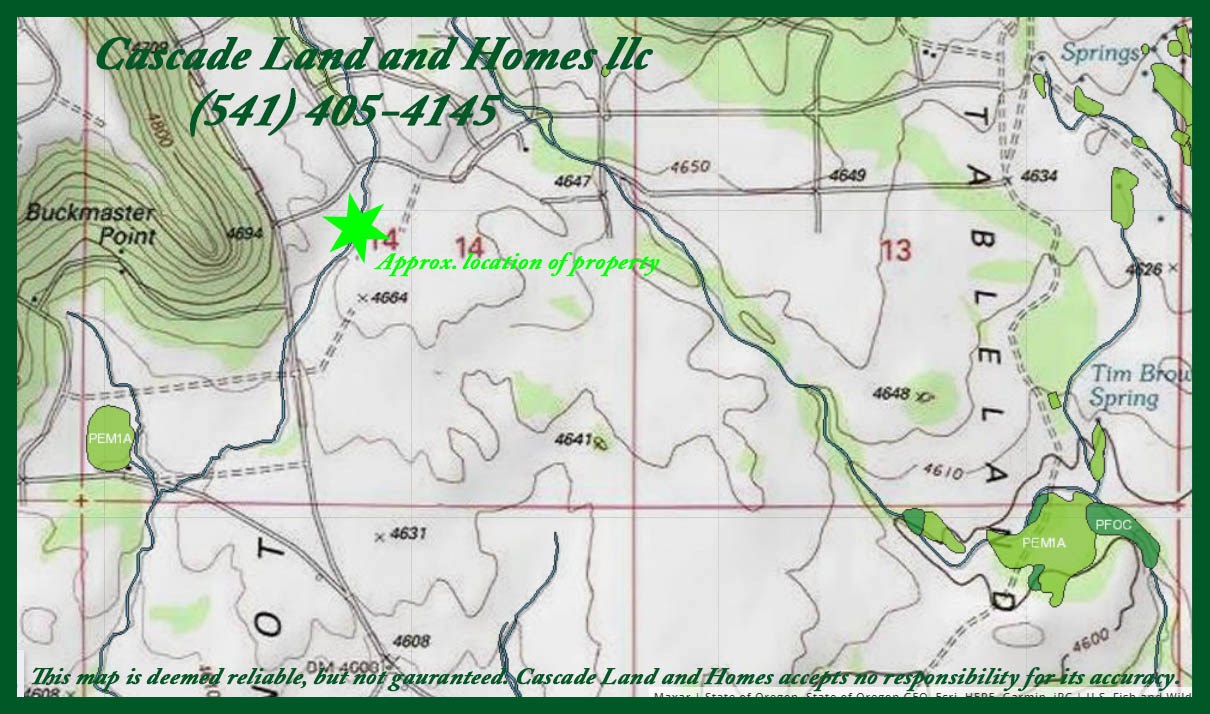 this is a klamath county topo map showing the elevation, the property sits at approximately 4,650 ft. it does get cold here in the winters, but the environment is arid and a high desert, so the snowfall amounts are less than what falls on the cascades to the west. notice the nearby natural springs!