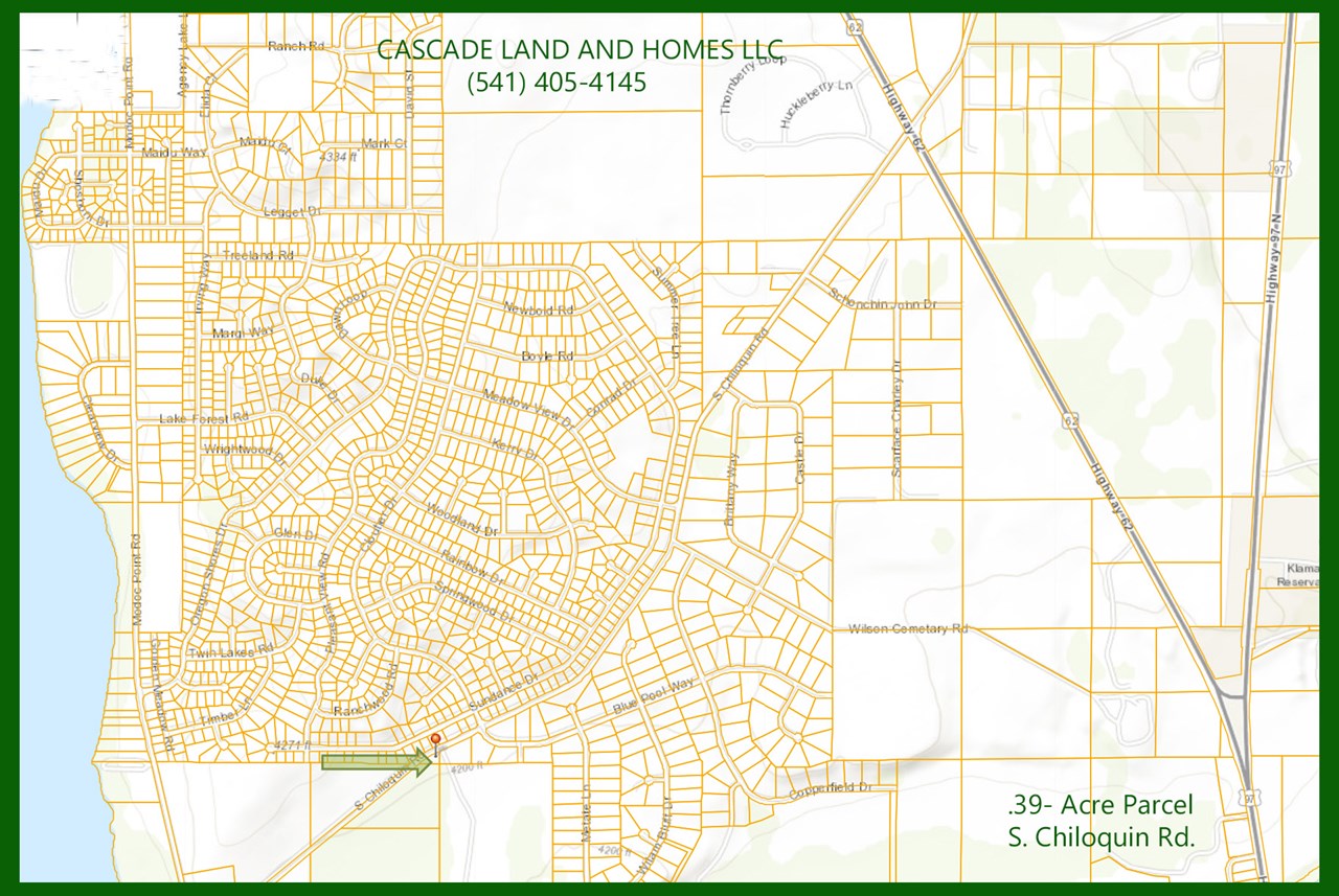 parcel map showing the location of the property and proximity to agency lake and hwy 97. you can see that it sits just outside the subdivision on s. chiloquin road. it would be an easy 30 minute commute from here to klamath falls with easy access right off the main road.